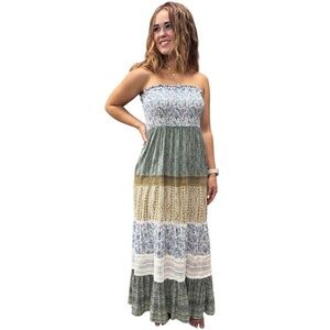 NWT Angie Boho Strapless Patchwork Maxi Dress Bohemian Green, Olive, Jade,Cream